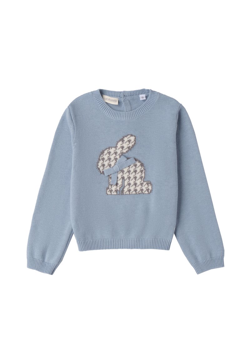 Maglione lavorato a maglia azzurro chiaro con un design di coniglio in motivo pied-de-poule e un accento a fiocco. Dettagli con polsini e orlo a coste.