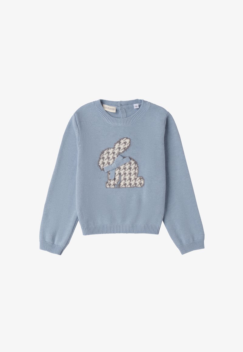 Maglione lavorato a maglia azzurro chiaro con un design di coniglio in motivo pied-de-poule e un accento a fiocco. Dettagli con polsini e orlo a coste.