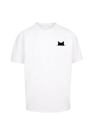 White cotton t-shirt featuring a black cat graphic on the left chest area. Short sleeves and a standard crew neckline.