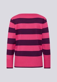 Gestreifter Pullover in Pink und Dunkellila, mit langen Ärmeln, rundem Ausschnitt und geripptem Saum, gefertigt aus weichem Strickmaterial.