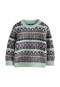 Neulepaita vaaleanmintunvihreänä, jossa on monivärinen Fair Isle -kuvio tummansinisellä, punaisella ja kermalla. Vartalonmyötäinen pyöreä kaula-aukko ja hihansuissa ribbireunus.