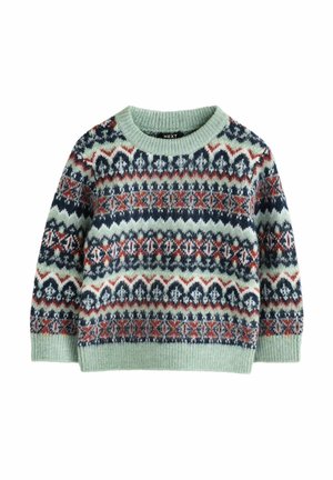 Pletený svetr v světlé mátové zelené s barevným Fair Isle vzorem v námořnické modré, červené a krémové. Hladký crew neckline a manžety.