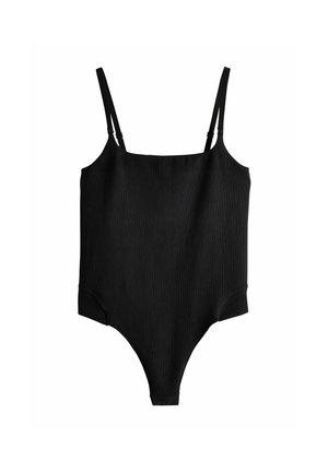 Body noir sans manches avec bretelles fines ajustables et encolure carrée, présenté sur fond blanc.