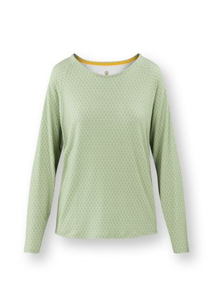 Grünes Langarmshirt mit einem Rautenmuster, runden Ausschnitt und einem kontrastierenden gelben Innenauschnitt. Weicher Stoff.