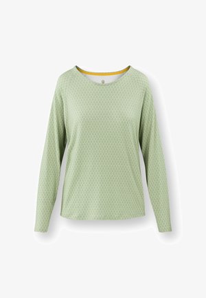 Groene lange mouwen shirt met een ruitpatroon, ronde halslijn en een contrasterende gele binnenhals. Zachte stof.