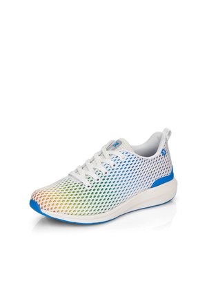 White mesh athletic shoe featuring a gradient pattern from orange to green to blue. It has a blue sole and white laces.
