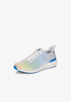 White mesh athletic shoe featuring a gradient pattern from orange to green to blue. It has a blue sole and white laces.
