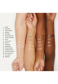 Farbenmustern von 18 Farbtönen, die auf drei Armen mit unterschiedlichen Hauttönen aufgetragen sind. Die Farbtöne reichen von hellem Beige bis tiefem Braun und sind mit den Nummern 1-18 beschriftet.