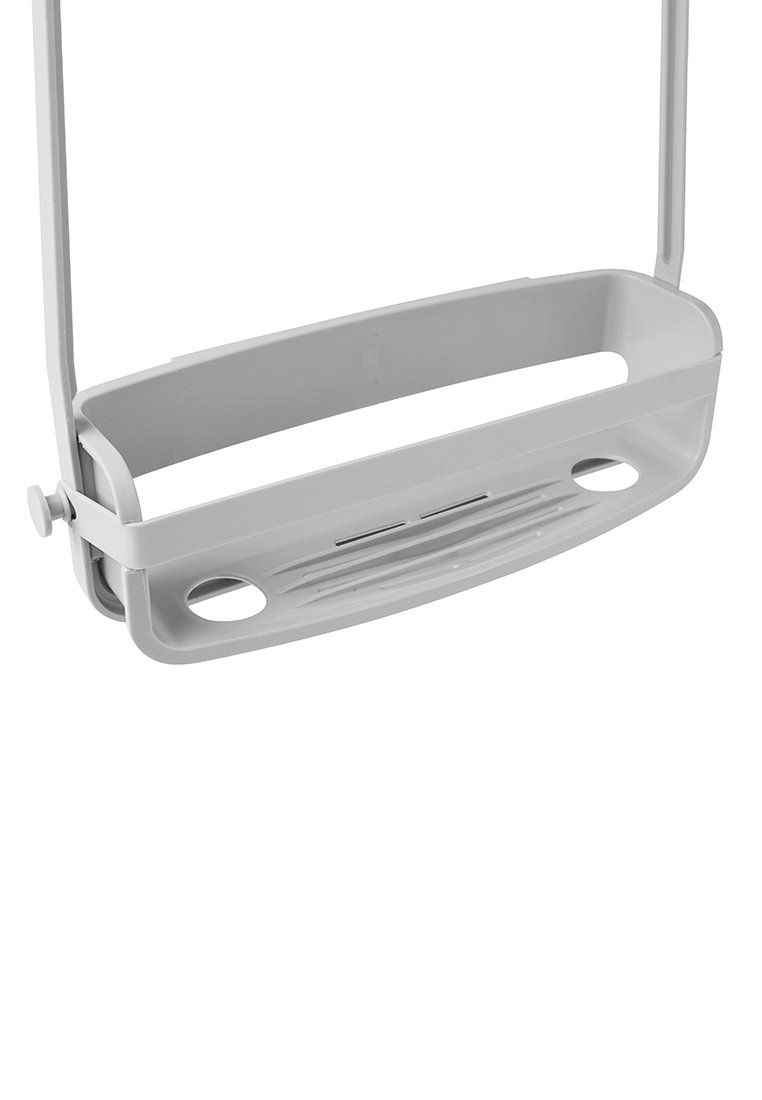 Scaffale di stoccaggio in plastica grigia con una forma ovale poco profonda, dotato di una parte anteriore con fessure per il drenaggio e due fori di montaggio sui lati.