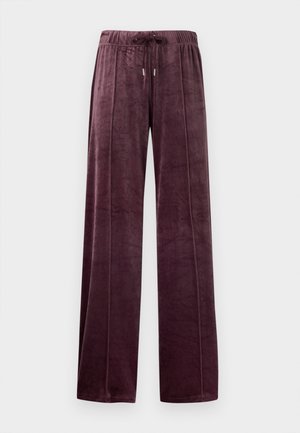 Pantaloni largi din catifea, de culoare prună închisă, cu talie elastică și șnur frontal, prezentând detalii verticale de cusătură.