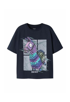 T-shirt noir à manches courtes avec un graphisme coloré de piñata lama Fortnite et des icônes de jeu grises en arrière-plan.