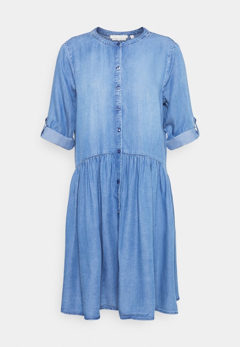 Denim dress with a round neckline, long sleeves rolled up, button front, and gathered waist. Light blue color, soft texture, and casual design.