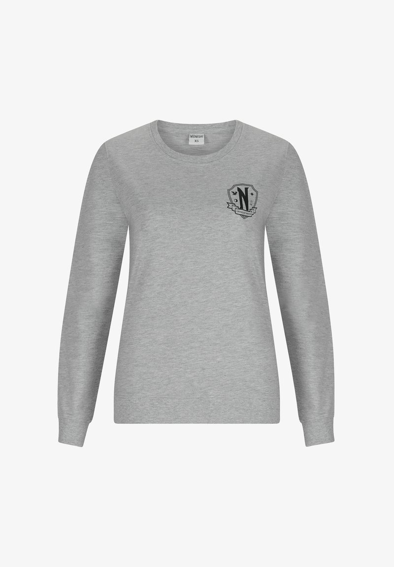 Sweat-shirt gris à manches longues en mélange de coton, avec un patch logo noir sur le côté gauche de la poitrine. Bords-côtes aux poignets et col rond.
