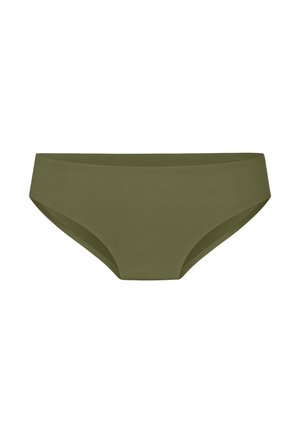 Olivgrüne nahtlose Damenunterwäsche im Bikini-Stil mit glattem, elastischem Stoff und breitem Bund.