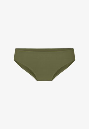 Sous-vêtement féminin style bikini sans couture vert olive avec un tissu lisse, extensible et une large ceinture.