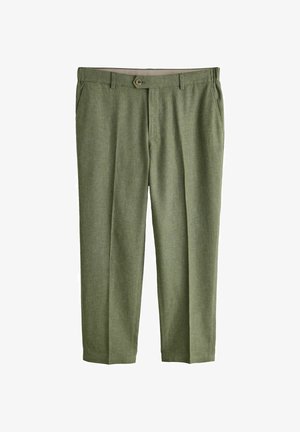 Olivgrüne gerade geschnittene Hose mit Frontknopf, Reißverschluss, Gürtelschlaufen und Seitentaschen, flach auf weißem Hintergrund liegend dargestellt.