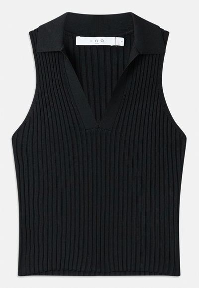 Black sleeveless top with a collar, featuring vertical ribbed texture, V-neckline, and a fitted silhouette. Tag shows brand name "IRO."