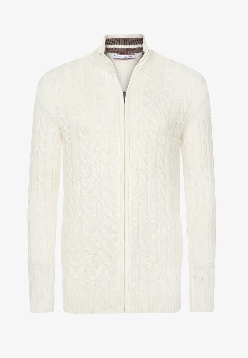 Cardigan a maglia a treccia crema con colletto e polsini a coste, dotato di zip full e motivo testurizzato su tutta la superficie.