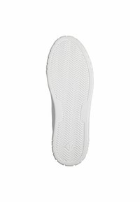 Suola di sneaker bianca caratterizzata da un motivo a spina di pesce, punta arrotondata e taglia 37 segnato. Texture in gomma liscia senza accenti visibili.