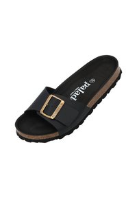 Zwarte kurken slide sandaal met een brede band en een gouden gesp, textuur voetbed en een contrasterende zwarte loopzool.
