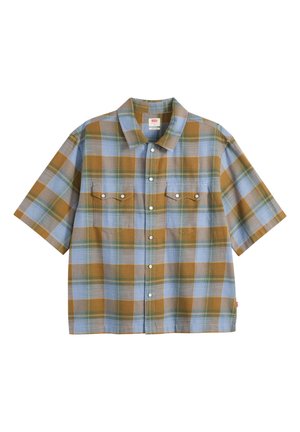 Short-sleeve button-up shirt with blue, mustard, and green plaid pattern, two chest pockets with flap buttons, and a collar.