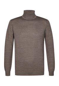 Brązowy sweter z golfem wykonany z miękkiej dzianiny. Posiada długie rękawy oraz dopasowany krój z prążkowanymi detalami przy kołnierzu i dołem.