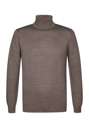 Brown turtleneck sweater made from soft knit fabric. Features long sleeves and a fitted silhouette with ribbed detailing at the collar and hem.