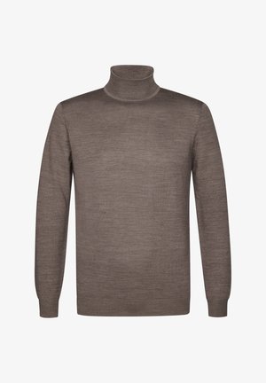 Suéter de cuello alto marrón hecho de un suave tejido de punto. Presenta mangas largas y una silueta ajustada con detalles acanalados en el cuello y el dobladillo.