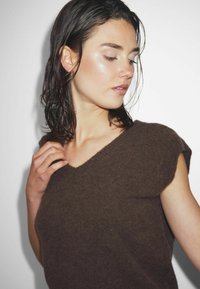 Brūns, bez piedurknēm, V-veida kakla izgriezuma bezšuvīgs džemperis, kas izgatavots no mīksta, strukturēta materiāla. Tuvplāksnē redzama plecu detaļa un smalka spīduma.