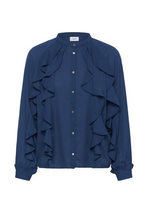 Sötétkék blúz mandarin gallérral, gombos elejével és nagy, bokros fodrokkal az elején. Aranyszínű gombokkal és ráncolt ujjakkal készült.