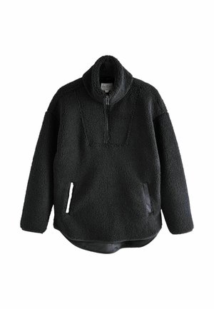Pull polaire noir avec demi-fermeture éclair, col montant, manches longues, deux poches avant et un ourlet légèrement arrondi.