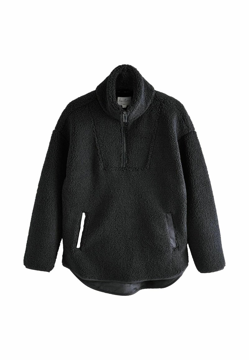 Pull polaire noir avec demi-fermeture éclair, col montant, manches longues, deux poches avant et un ourlet légèrement arrondi.