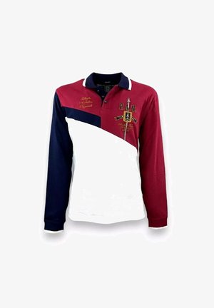 Polo a maniche lunghe con un design a blocchi di colore rosso e blu navy, parte inferiore bianca, colletto e ricamo decorativo sul petto.