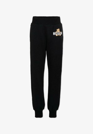 Pantaloni jogger neri con fascia in vita e polsini a coste, caratterizzati da una piccola grafica di un orsetto e dalla scritta "Moschino" sull'anca sinistra.