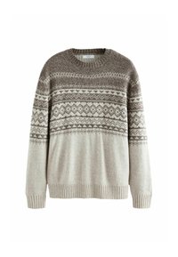 Pull en tricot beige avec un col rond, présentant des accents à motifs dans des teintes plus sombres et des poignets et un ourlet côtelés. Design simple et texturé.