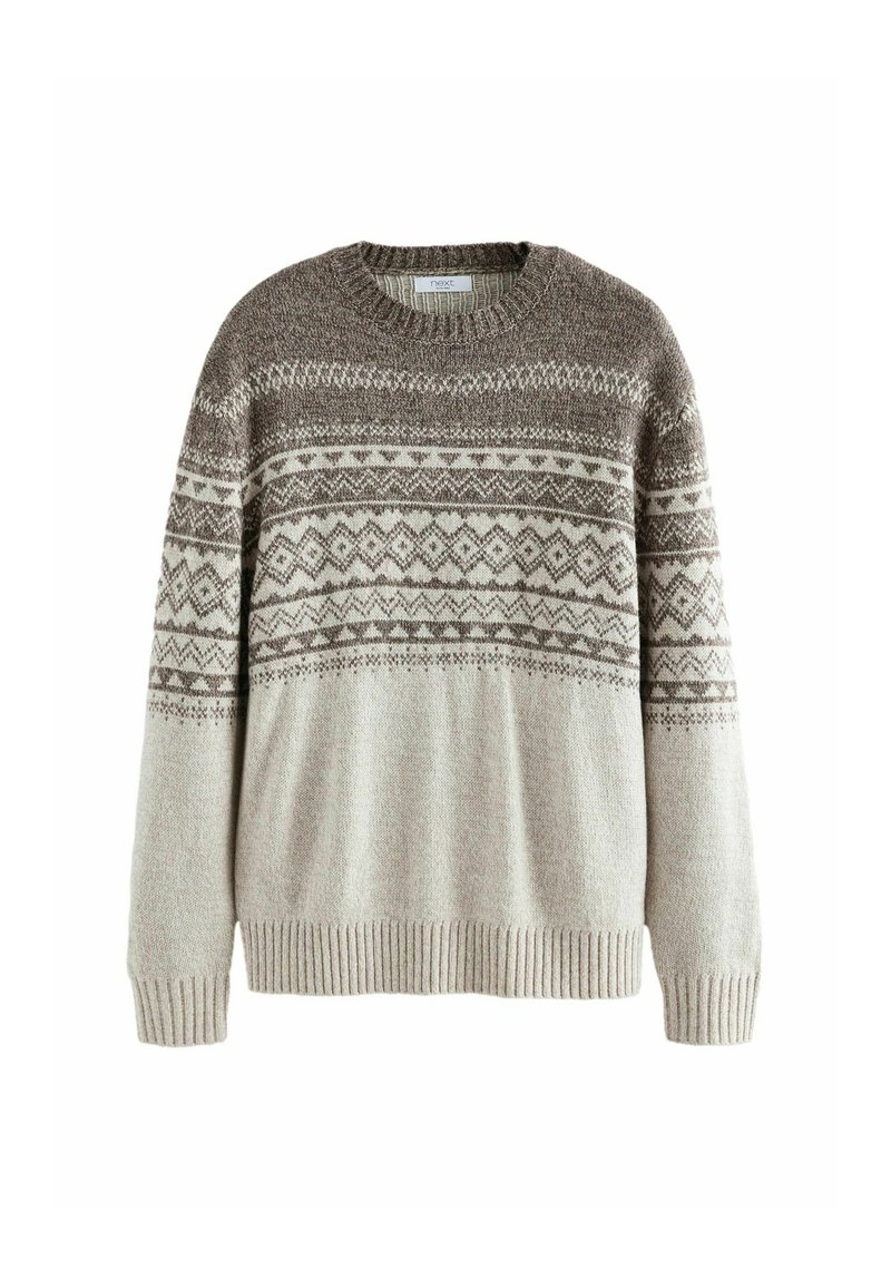 Pull en tricot beige avec un col rond, présentant des accents à motifs dans des teintes plus sombres et des poignets et un ourlet côtelés. Design simple et texturé.