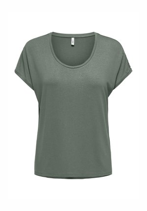 Camiseta verde oliva para mujer de manga corta, corte holgado, con cuello redondo y dobladillos enrollados en las mangas.