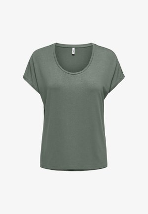 Camiseta verde oliva para mujer de manga corta, corte holgado, con cuello redondo y dobladillos enrollados en las mangas.