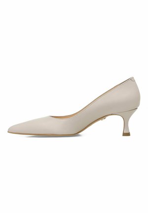 Décolleté in pelle grigia chiara con punta affilata e tacco sottile e curvo. Texture liscia con design minimalista e dettagli di cucitura sottili.