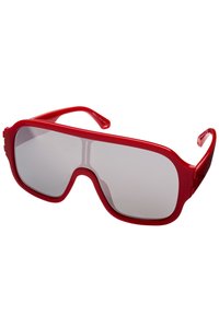 Lunettes de soleil rouges avec des montures rectangulaires surdimensionnées, verres teintés gris et branches courbées conçues pour un ajustement sécurisé. Matériau en plastique lisse.