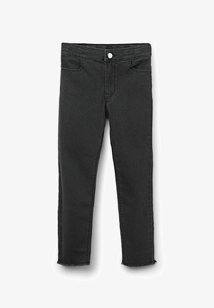 Schwarze Denim-Jeans mit schlanker Passform, fünf Taschen, ausgefranstem Saum und Knopfverschluss. Das Material hat eine glatte Textur.