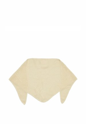 Écharpe triangulaire tricotée couleur crème avec un motif de points texturés et des extrémités pointues, posée à plat sur un fond blanc.