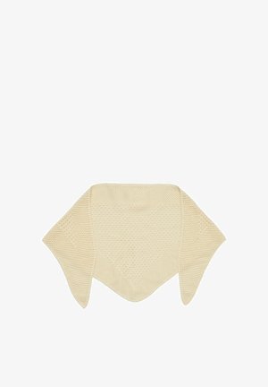 Écharpe triangulaire tricotée couleur crème avec un motif de points texturés et des extrémités pointues, posée à plat sur un fond blanc.