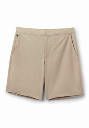 Beige heren casual shorts met plat tailleband en twee zijzakken, één met een klein zwart ritstrekker.