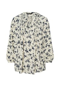 Langärmlige, cremefarbene Bluse mit einem navyblauen Blumenmuster, gefältelten Details und einer Bindeschleife am Hals. Weicher Stoff mit entspannter Passform und gerafften Ärmeln.