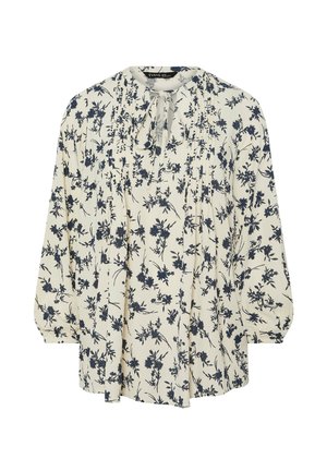 Blusa de manga larga color crema con un patrón floral en azul marino, detalles plisados y cuello con lazo. Tejido suave con un corte relajado y mangas recogidas.