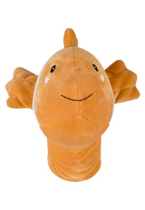 Soft orange fish hand puppet with black eyes, white cheek spots, and a smiling mouth against a white background.