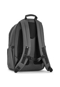 Grauem Rucksack mit gepolsterten, verstellbaren Schulterriemen, Netzrücken, Seitentaschen und Schnallenverschluss für sicheren Transport.