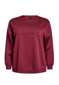 Sweatshirt bordeaux avec un col ras du cou et des manches longues. Présente un texte brodé "CIAO" à l'avant, avec un tissu doux et texturé.