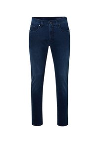 Donkerblauwe denim jeans met een slim fit, ontworpen met gestikte zakken, een knoopsluiting en een gladde textuur.